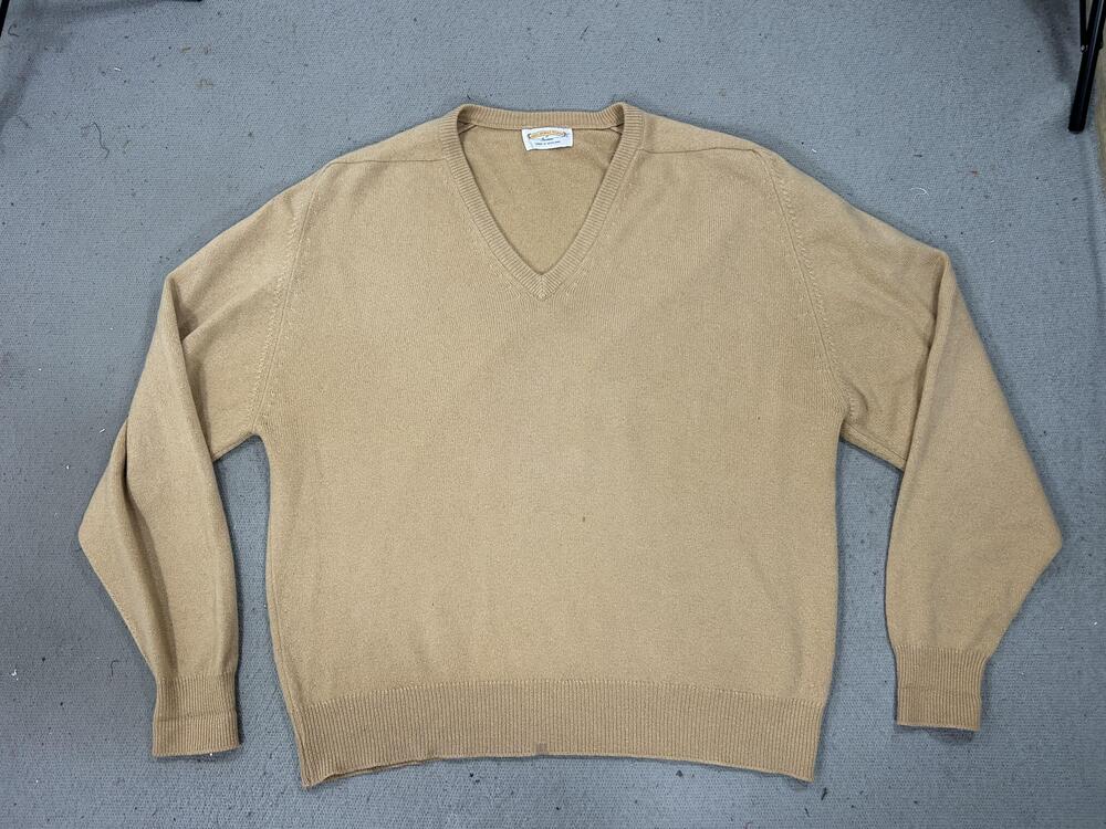 James Pringle Weavers Sweater Mens 2XL Camel Tan V Neck Pullover Made Scotland